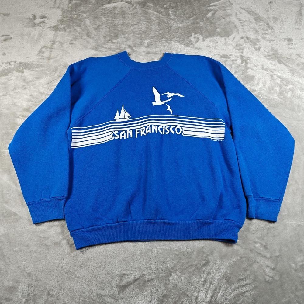 Vintage San Francisco Sweatshirt Mens Large Pullover Striped Sailboat 80s USA